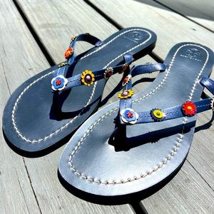 Tory Burch Leather Navy Blue Floral Sandals